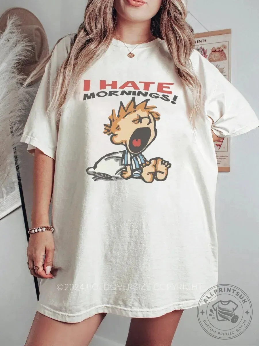 Funny I Hate Mornings Cartoon Character Yawning Graphic T-Shirt