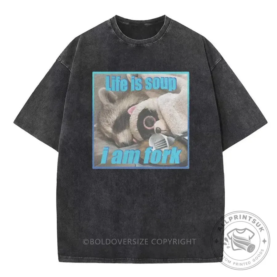 Life Is Soup I Am Fork Raccoon Meme Washed T-Shirt